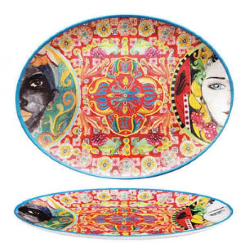 Vassoio ovale decoro Caltagirone melamina cm.45,6x 34,7, lavabile in lavastoviglie