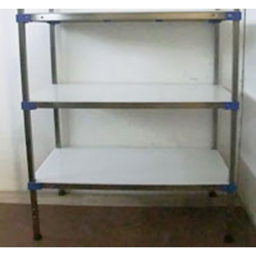 Scaffalature in acciaio inox a 3 ripiani altezza cm.140 robuste autoportanti serie blu professional per stoccaggio alimenti e per celle frigo, con piani in polietilene per alimenti, per celle frigo, supermercati, macellerie, ristoranti e negozi alimentari