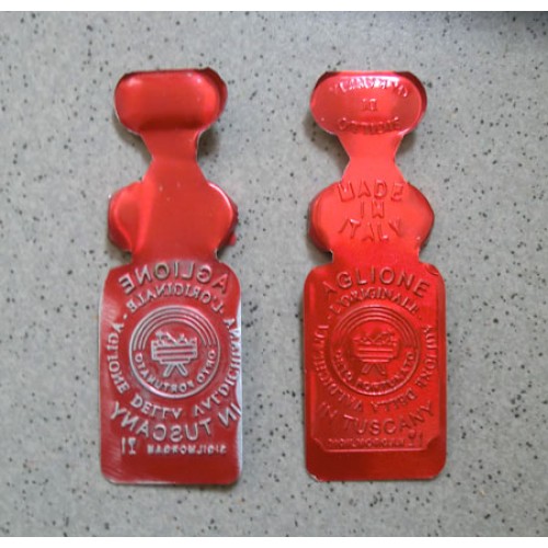 Sigilloni per salumi mm 86x30 per frutta, verdura, banane, agli e cipolle, personalizzati, stampati in rilievo senza inchiostri di stampa. Per contatto con l'alimento.