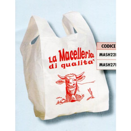 Borsine Shopper per macelleria BIODEGRADABILI E COMPOSTABILI bianche, realizzate secondo le ultime norme di legge in vigore, con stampa rossa "La Macelleria di qualità" e il disegno di un vitello.