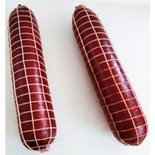 2 salami o salsicce finte, grandi, colore violetto, con rete, lunghe cm 40, diametro cm 9, prezzi per 2 pezzi.