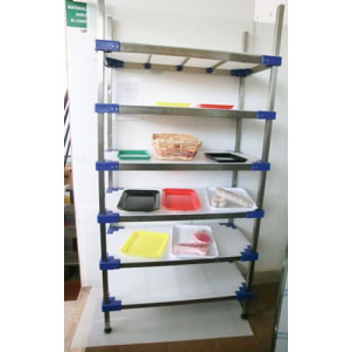 Scaffalature inox portavassoi in acciaio inox  a 6 ripiani, altezza cm 180 robuste autoportanti serie blu professional con piani in polietilene per alimentiper celle frigo, supermercati, macellerie, ristoranti e negozi alimentari - TUTTI I PREZZI SONO DA