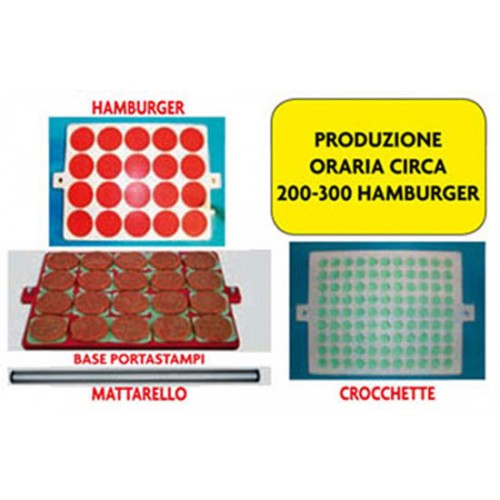 Hamburgatrice manuale modello grande multimpronta, produzione oraria 200-300 hamburger, oppure 900 polpette.