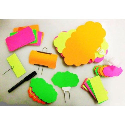 Segnaprezzi in cartoncino fluorescente in varie forme e colori assortiti, confezioni da pz 50.