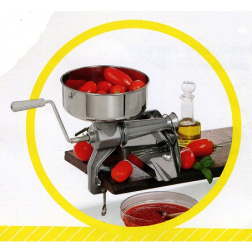 Spremipomodoro manuali per passata di pomodoro, marmellate, succhi di frutta; con imbuto e sgocciolatoio in acciaio inox.