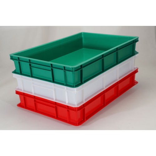 Cassette in plastica sovrapponibili, rinforzate con bordi, colore rosso, blu oppure verde. Prezzi cadauna.