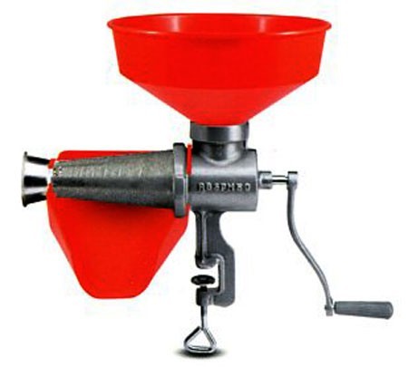 Spremipomodoro manuali per passata di pomodoro, marmellate, succhi di frutta; con imbuto e sgocciolatoio in plastica, marca Reber.