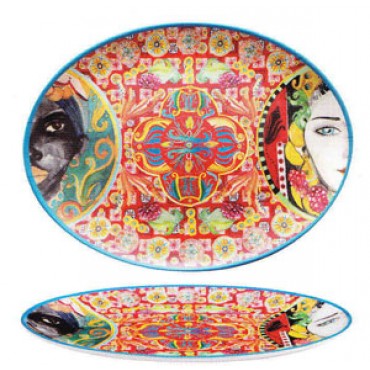 Vassoio ovale decoro Caltagirone melamina cm.45,6x 34,7, lavabile in lavastoviglie