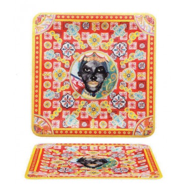 Vassoio quadrato decoro Caltagirone melamina cm.35,6x 35,6, lavabile in lavastoviglie