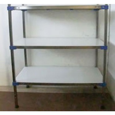 Scaffalature in acciaio inox a 3 ripiani altezza cm.140 robuste autoportanti serie blu professional per stoccaggio alimenti e per celle frigo, con piani in polietilene per alimenti, per celle frigo, supermercati, macellerie, ristoranti e negozi alimentari