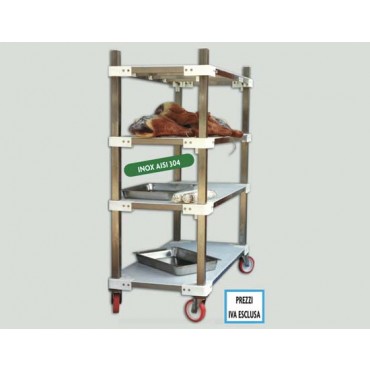 Scaffalature inox per supermercati, macellerie, salumifici, industrie alimentari, con ruote inox AISI 304, altezza cm. 170.