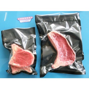 Buste sottovuoto Spessre MY 105 goffrate  speciali con una parte colore nero per macchine ad aspirazione diretta. In confezioni da pz 100 ideali per macellerie, per carni, salumi, formaggi, prodotti alimentari.