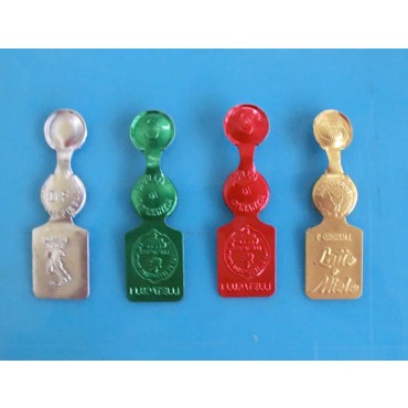 Sigilli in alluminio laccato a Bandiera mm 64x19, personalizzati, laccati,  stampati in rilievo, caratteristici, con vostro marchio stilizzato per arricchire i vostri ptodotti.PREZZI ESCLUSI DI IVA