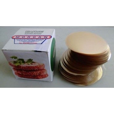 Dischi o veline per hamburger in cellophane certificato per alimenti, trasparente tipo IMP gr 60 e PT, per hamburgerie, paninerie, supermercati e macellerie.