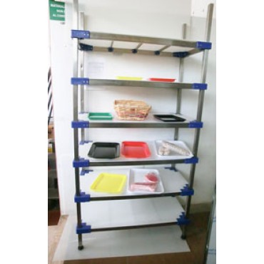 Scaffalature inox portavassoi in acciaio inox  a 6 ripiani, altezza cm 180 robuste autoportanti serie blu professional con piani in polietilene per alimentiper celle frigo, supermercati, macellerie, ristoranti e negozi alimentari - TUTTI I PREZZI SONO DA