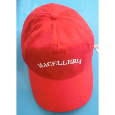 Cappello LOOK-MACEL colore rosso con la scritta bianca "MACELLERIA".