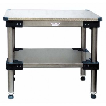 Tavoli da lavoro con piano sopra e sotto in acciaio inox AISI 304 18/10, tipo pesante -piano sopra con angoli in plastica stondati.