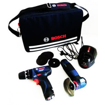 Valigia Bosch con utensili professionali (blu) a batteria: 1 trapano/avvitatore + 1 flessibile. 