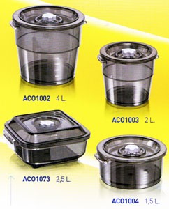 Contenitori per sottovuoto rigidi. Valvola brevettata per il collegamento  al tubo aspirante - Rigid containers - Récipients rigides - Feste behalter  - Contenedores rigidos - Recipientes rigidos. - Buste sottovuoto per carni